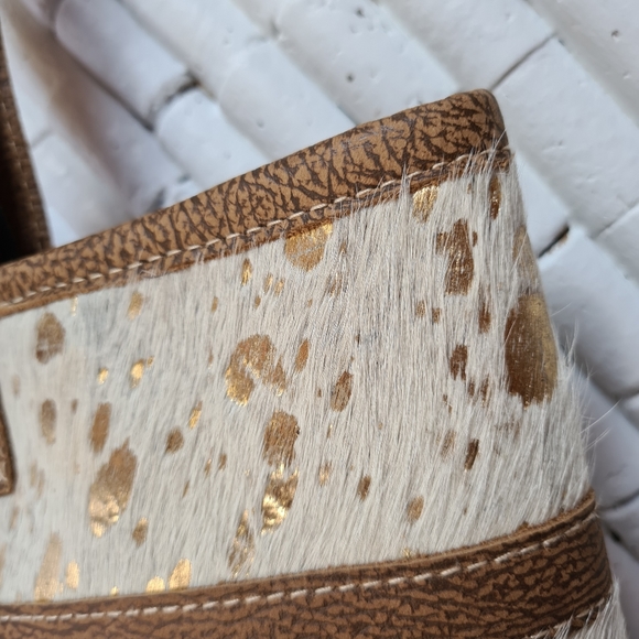 Myra Bag Leather Cotton Carve Gold Tan Cream Unique Medium Tote Bag Handbag - Picture 7 of 16